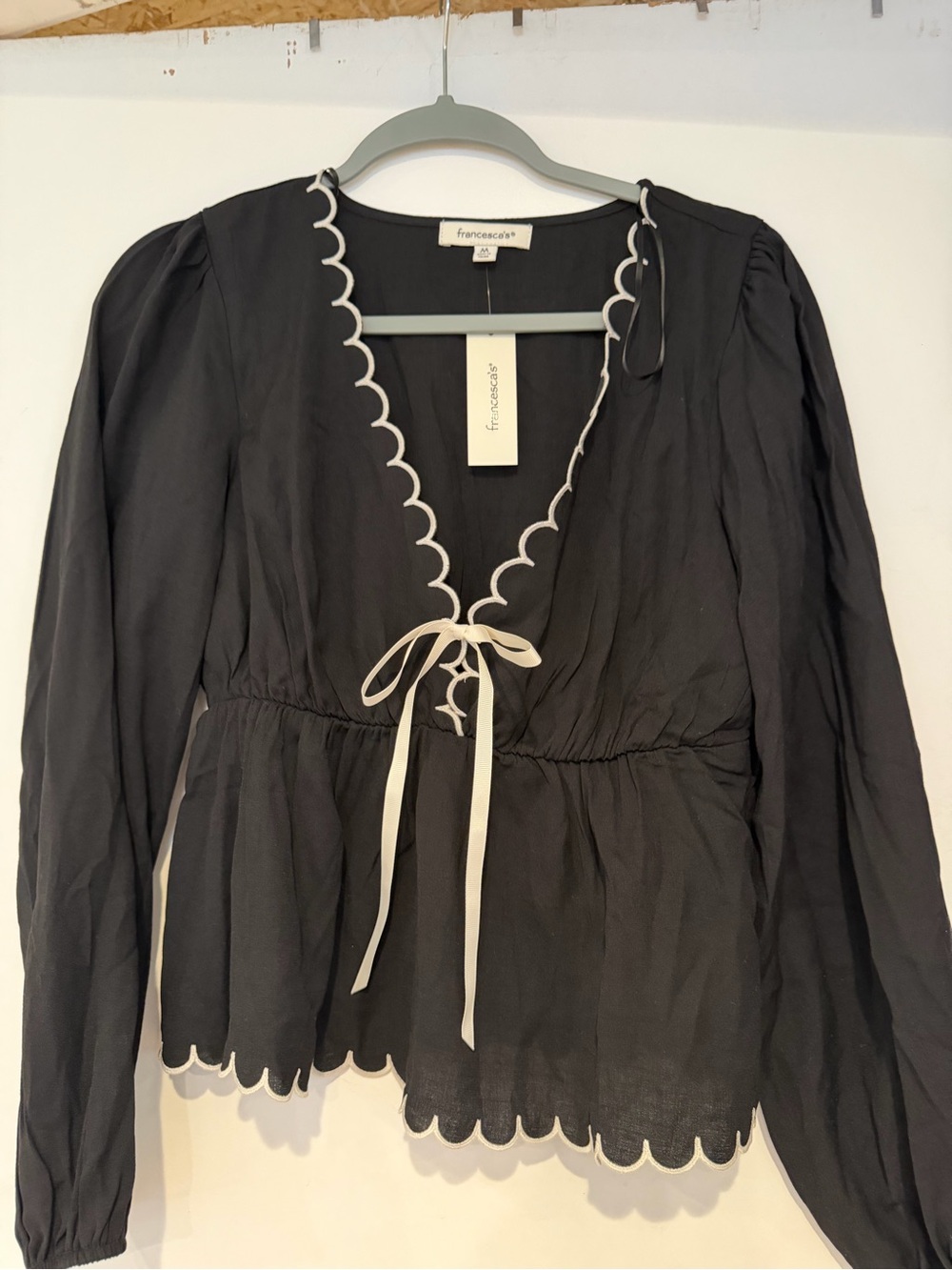 Francesca's Collections Black Blouse with White Scallop Trim and Tie